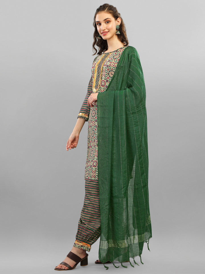 PRINTED KURTI, PANT & DUPATTA SET-GREEN