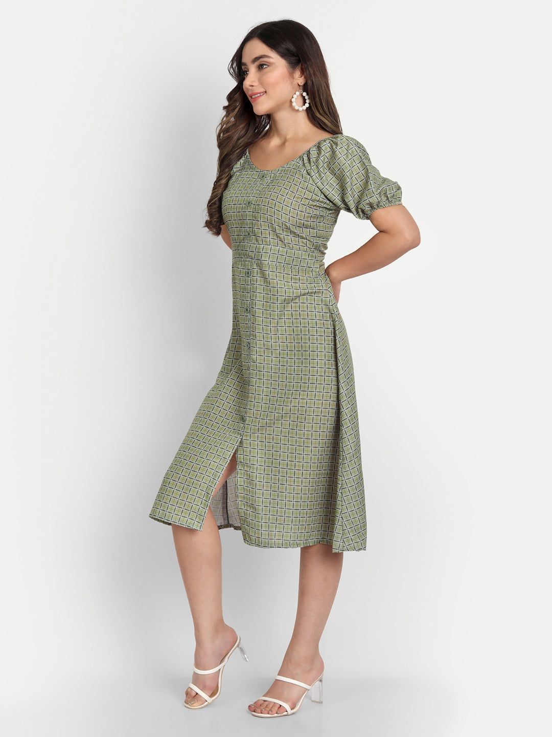 ELEGENT CHECKED AND BUTTONED DRESS - BEIGE