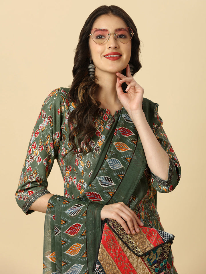 PRINTED KURTI PANT AND DUPATTA SET -PEACH