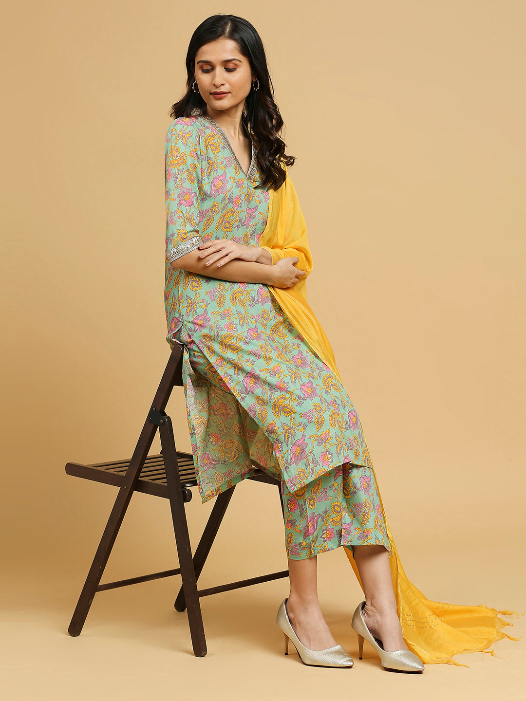 Embroidered Cotton Kurti, Pant, and Dupatta Set