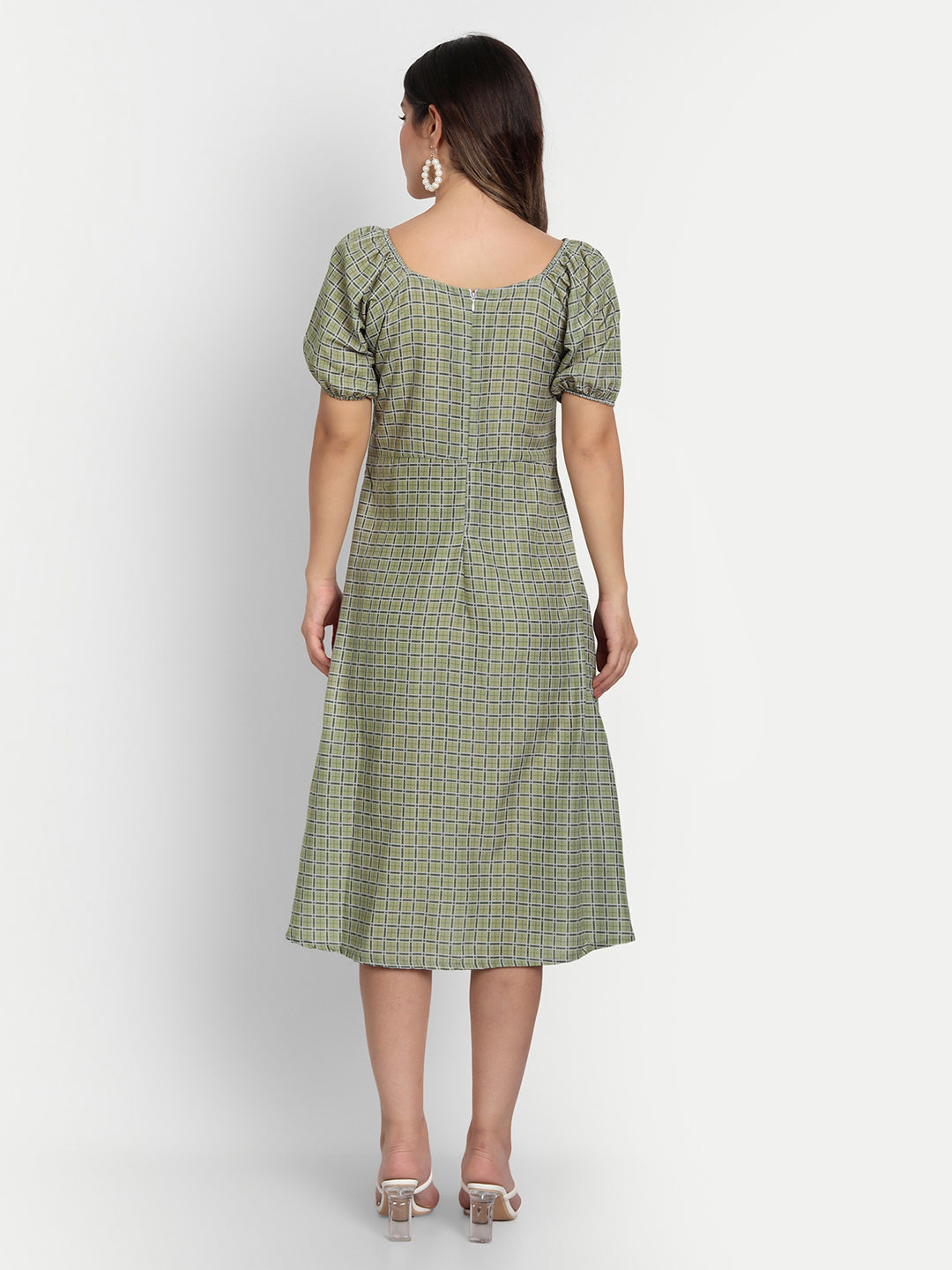 ELEGENT CHECKED AND BUTTONED DRESS - BEIGE