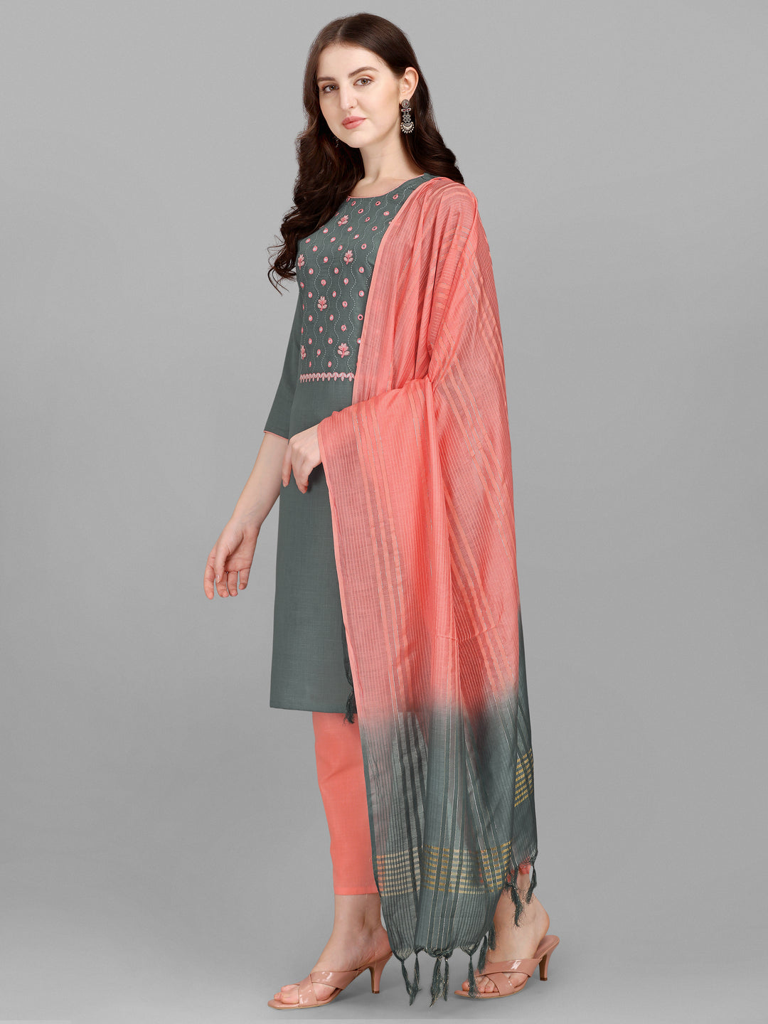 Ethnic Motifs Yoke Design Regular Thread Work Kurta With Trousers & Dupatta