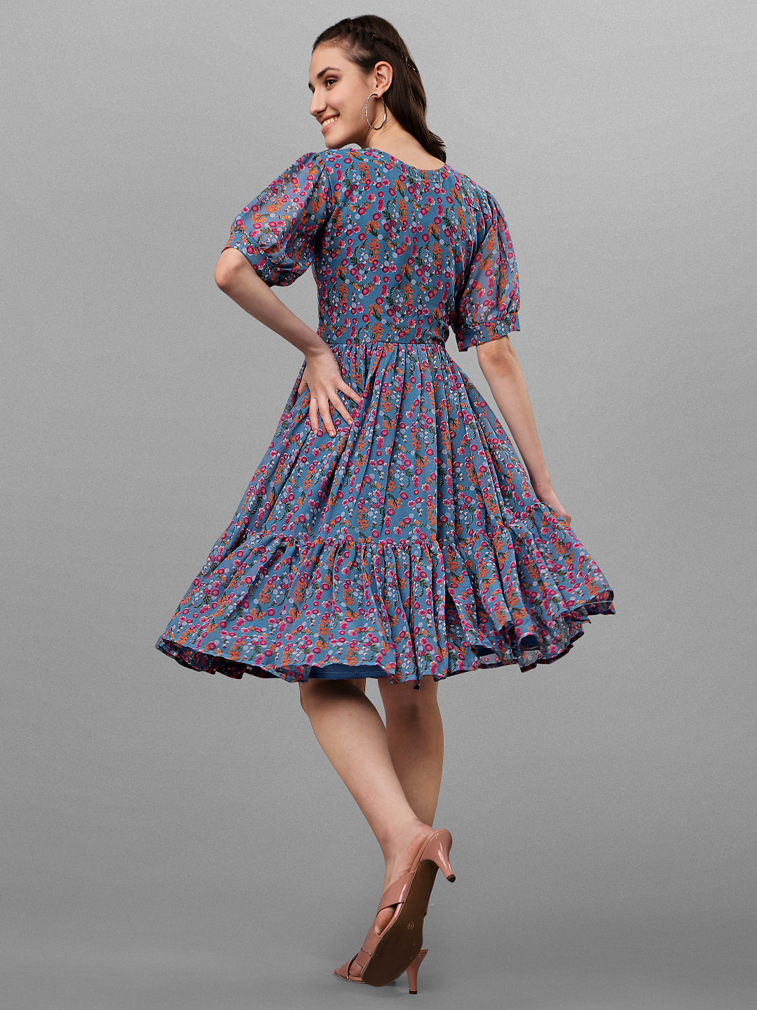 FLORAL PRINTED ELEGANT DROP-WAIST DRESS -NAVY BLUE