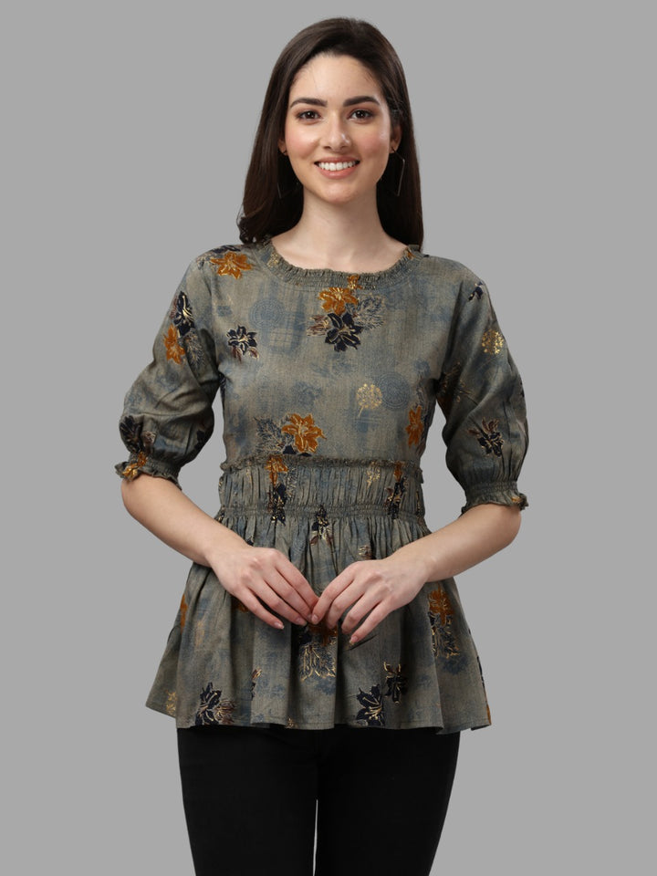 DARK FLORAL PRINTED TOP - BROWN