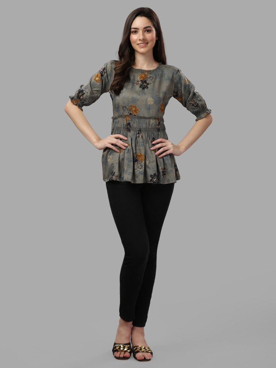 DARK FLORAL PRINTED TOP - BROWN