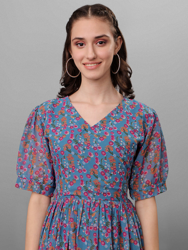 FLORAL PRINTED ELEGANT DROP-WAIST DRESS -NAVY BLUE