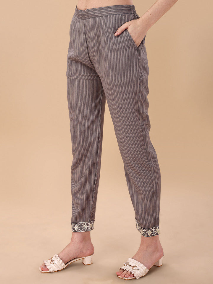 STRIPED PRINTED KURTI PANT SET-GREY