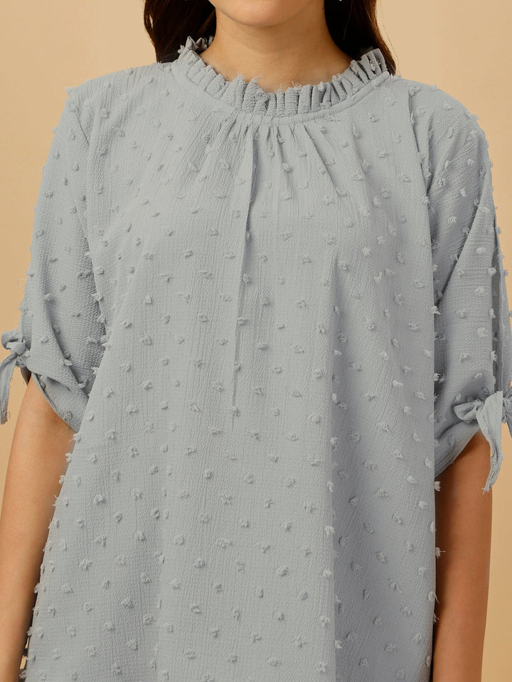 RUFFLE NECK PASTEL TOP-GREY