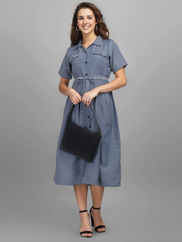 SOLID COLOURED SHIRT DRESS-GREY