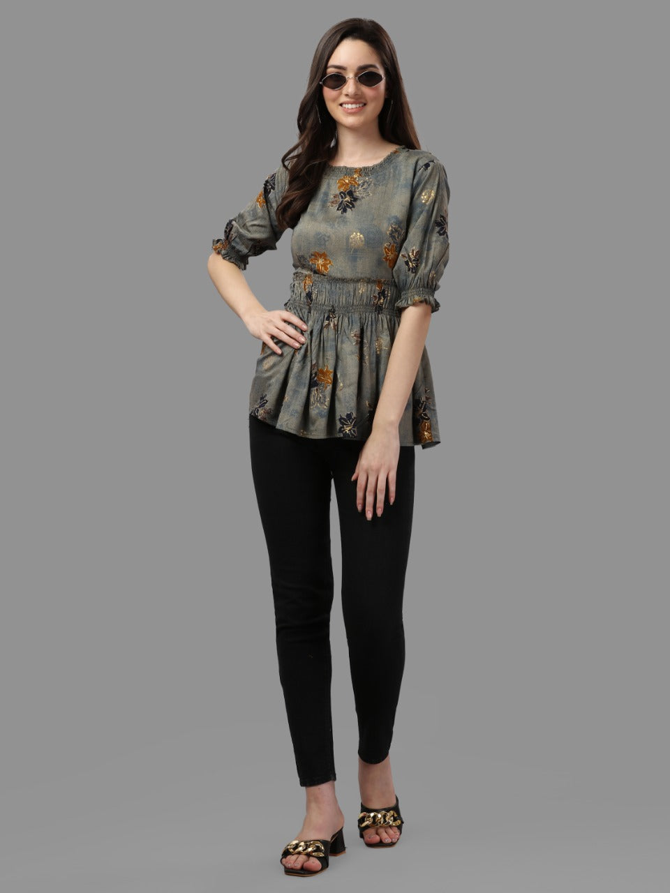 DARK FLORAL PRINTED TOP - YELLOW