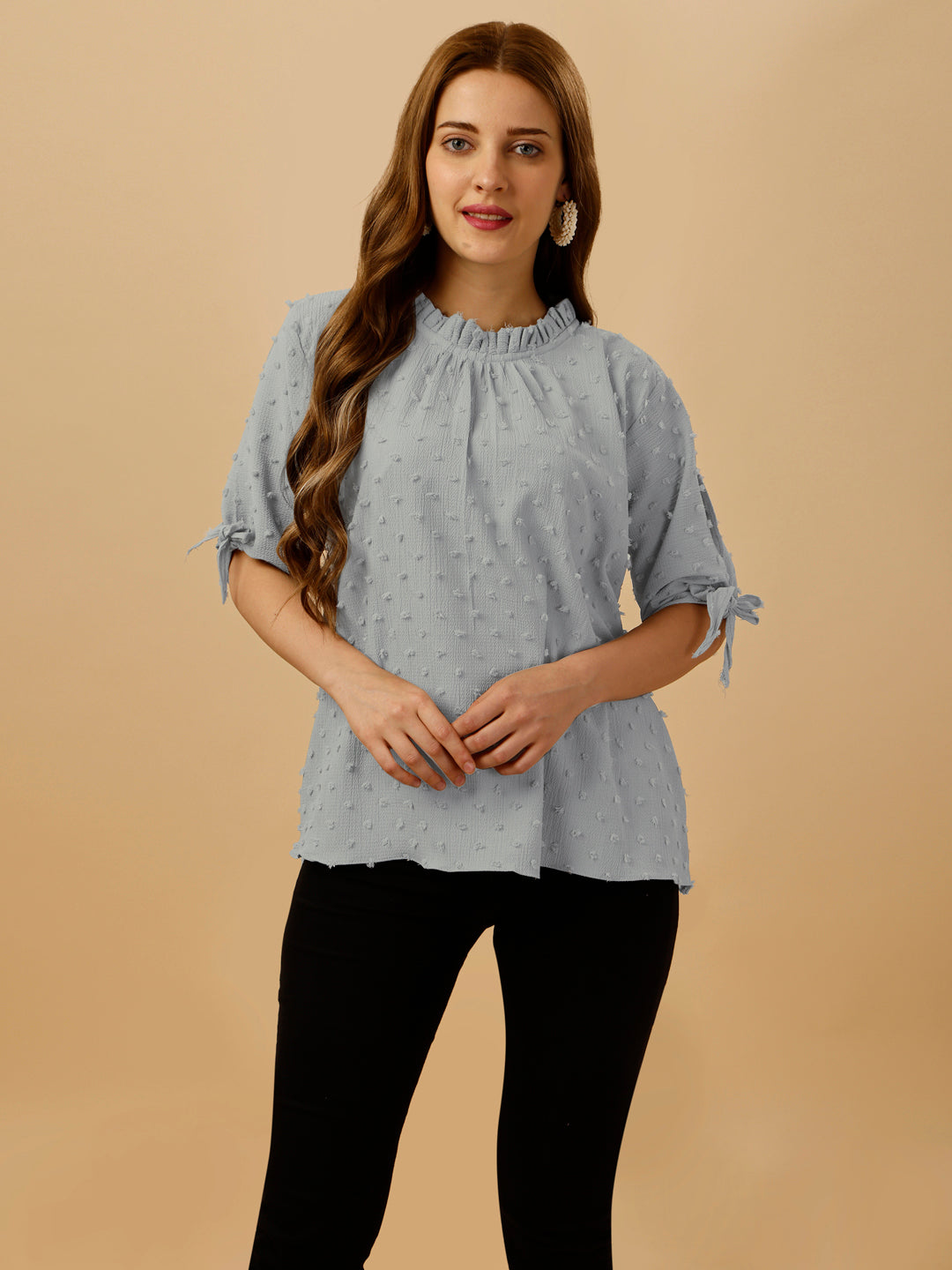 RUFFLE NECK PASTEL TOP-GREY