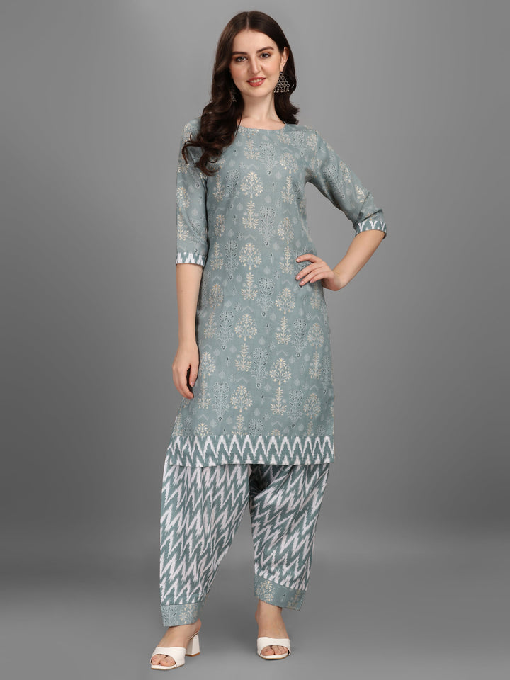 FLORAL PRINTED SALWAR KURTI SET-GREY