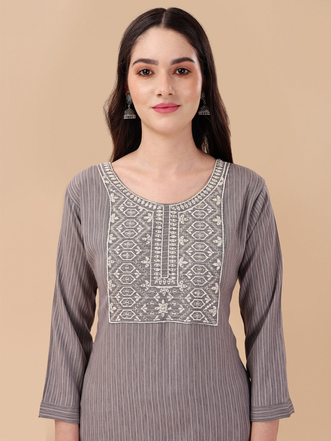 STRIPED PRINTED KURTI PANT SET-GREY