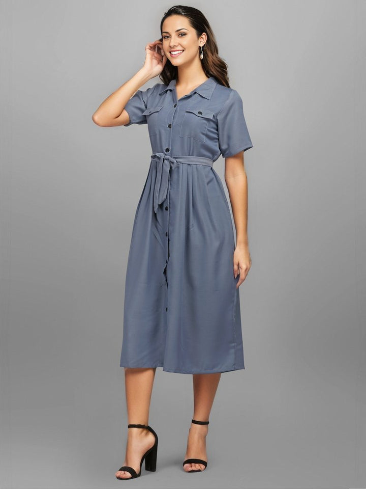 SOLID COLOURED SHIRT DRESS-GREY