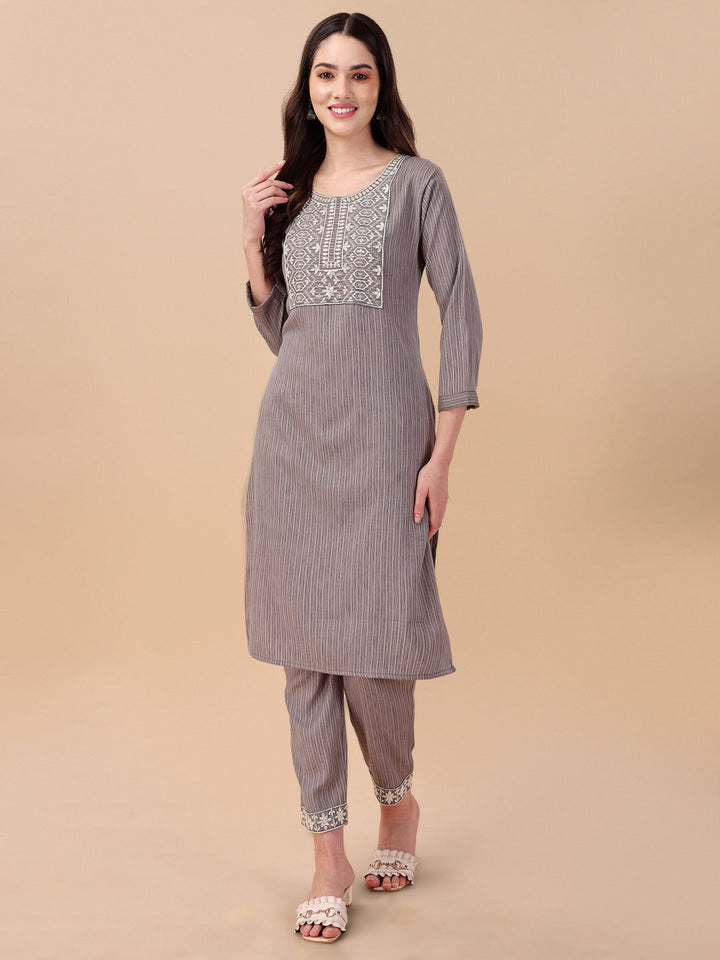 STRIPED PRINTED KURTI PANT SET-GREY