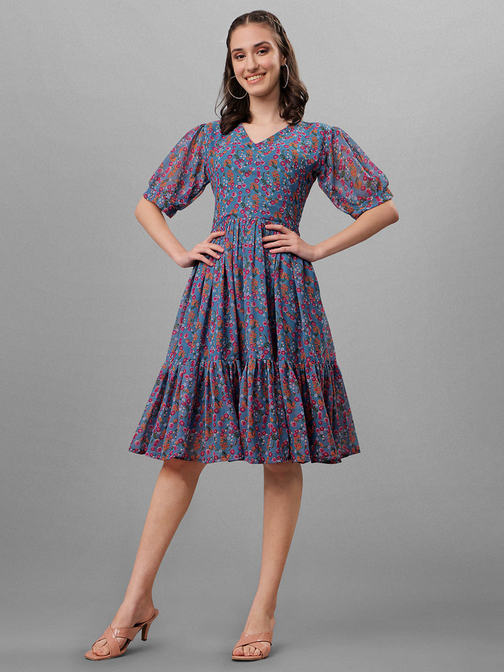 FLORAL PRINTED ELEGANT DROP-WAIST DRESS -NAVY BLUE