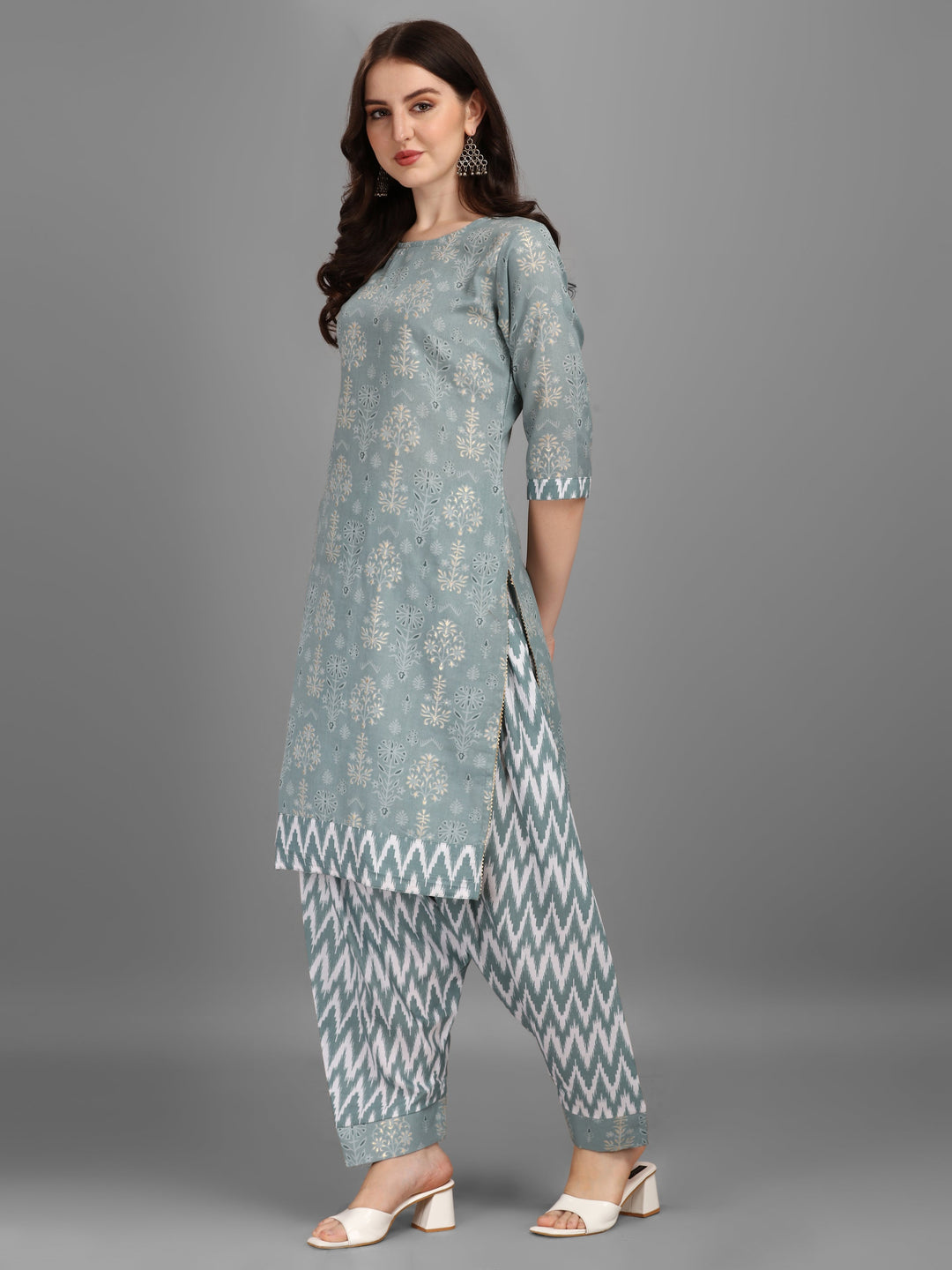 FLORAL PRINTED SALWAR KURTI SET-GREY