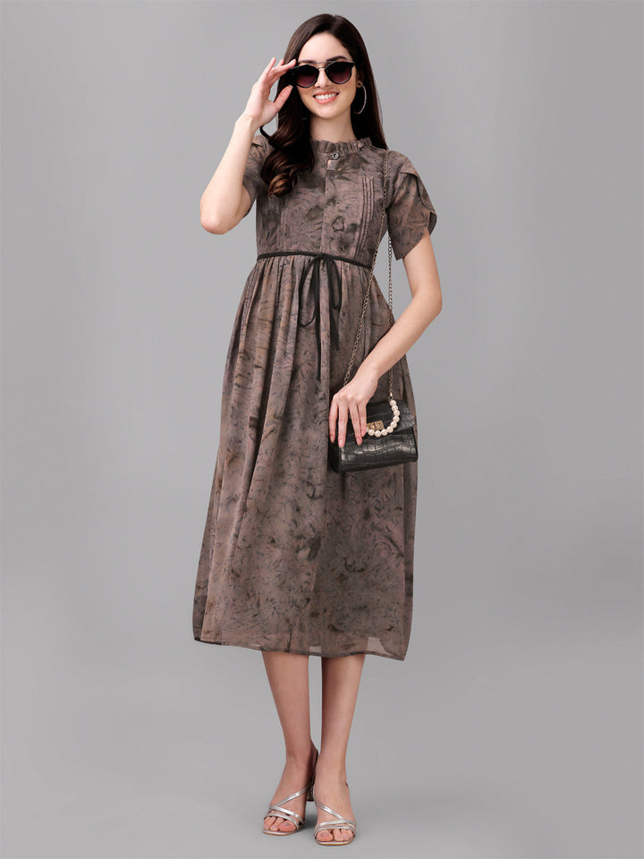 MARBLE PRINTED MIDI DRESS-BROWN