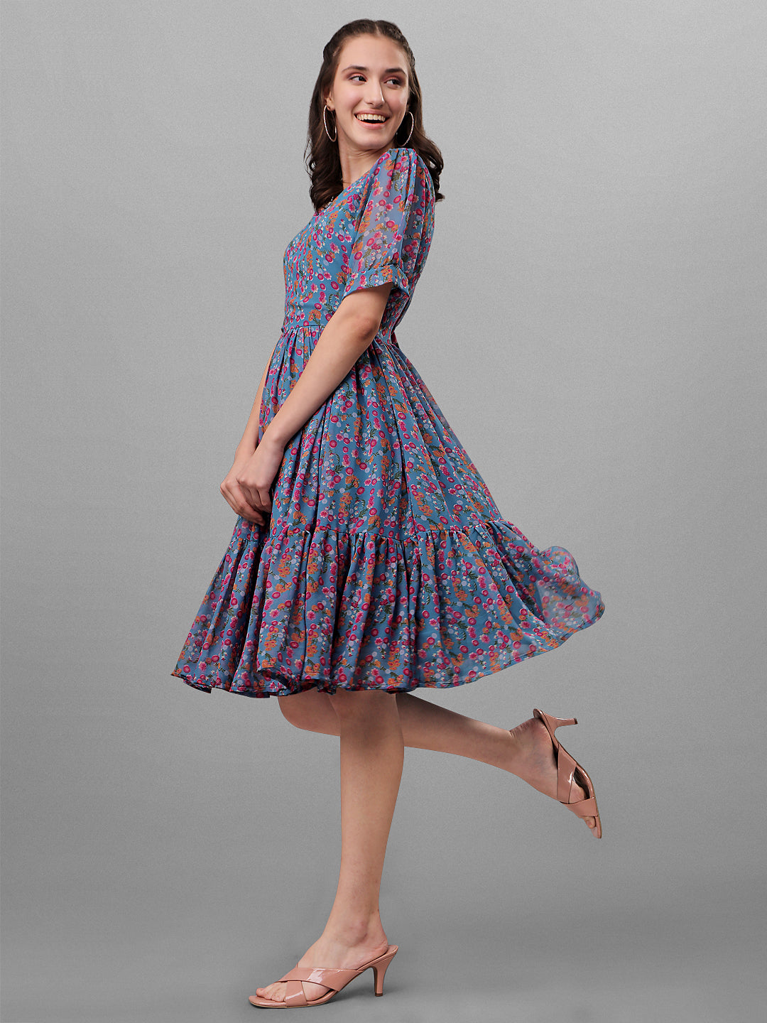 FLORAL PRINTED ELEGANT DROP-WAIST DRESS -NAVY BLUE