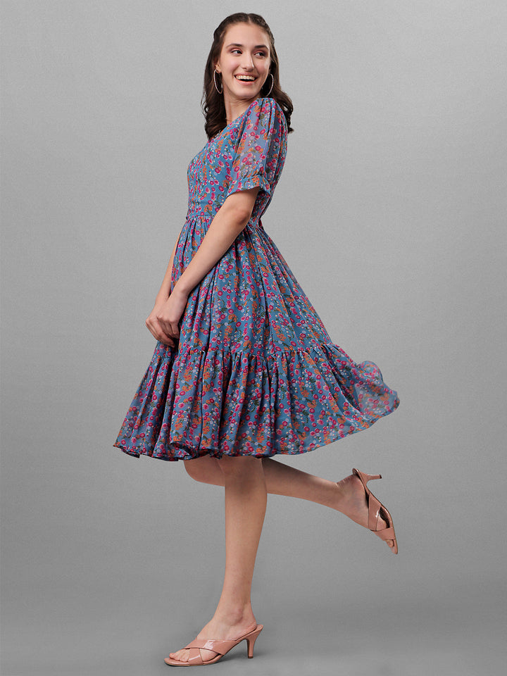 FLORAL PRINTED ELEGANT DROP-WAIST DRESS -NAVY BLUE