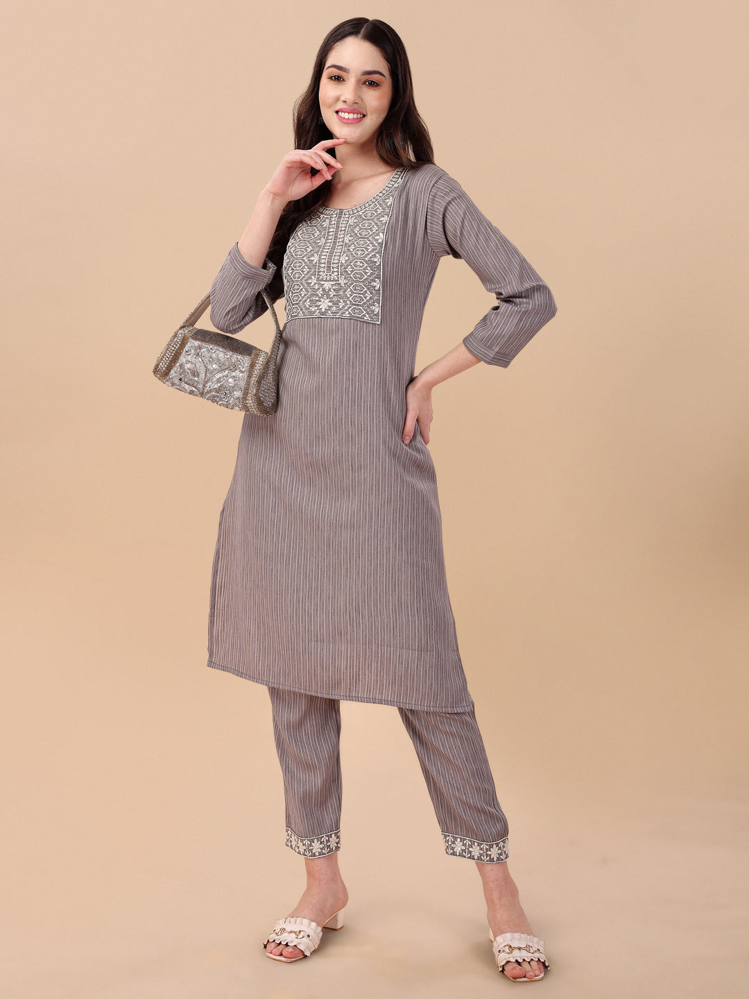 STRIPED PRINTED KURTI PANT SET-PEACH