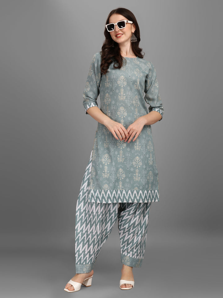 FLORAL PRINTED SALWAR KURTI SET-GREY