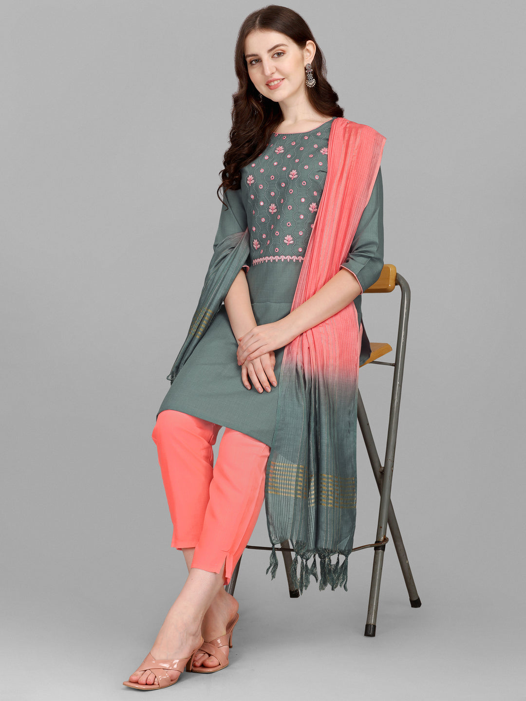 Ethnic Motifs Yoke Design Regular Thread Work Kurta With Trousers & Dupatta