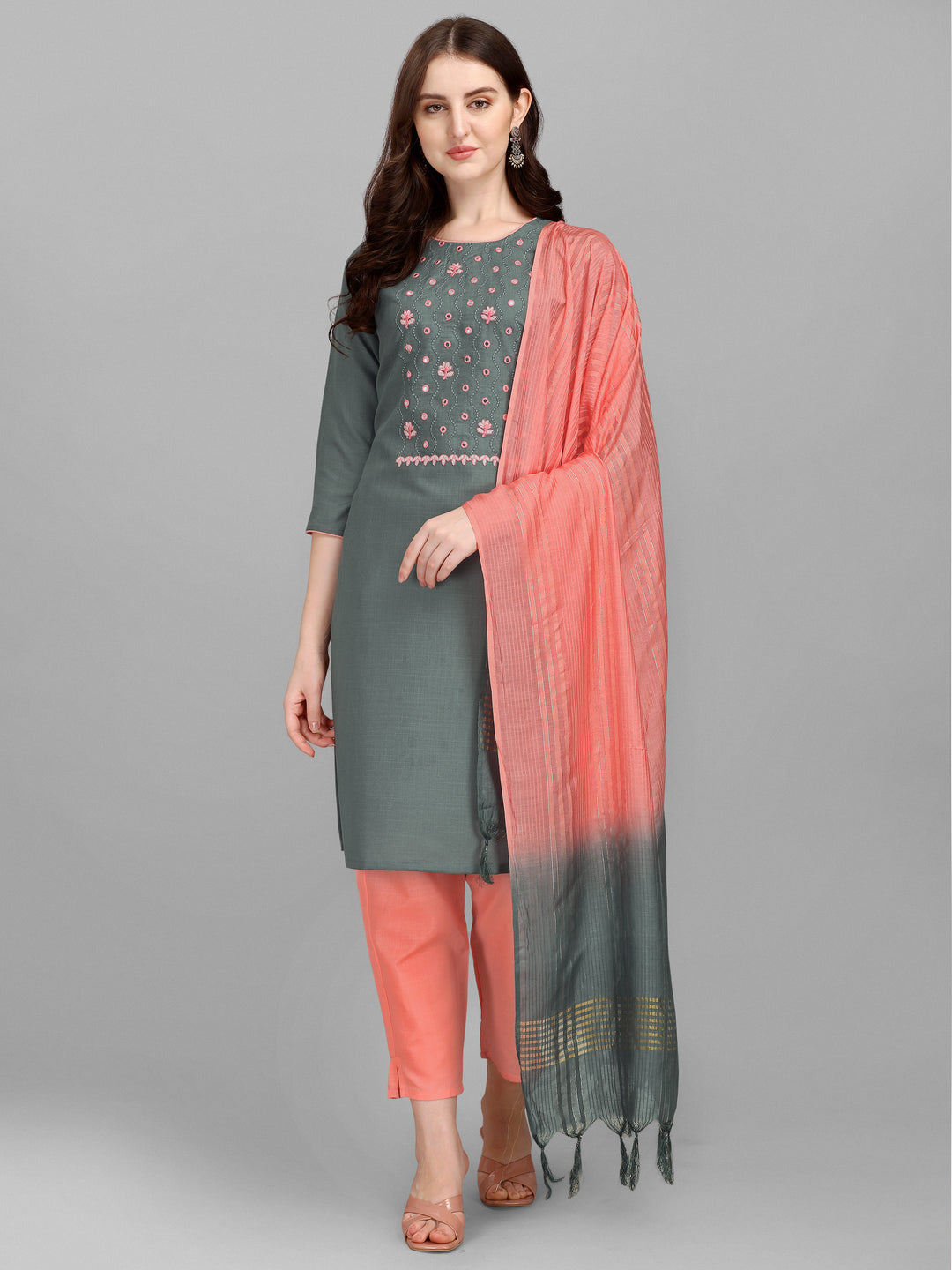 Ethnic Motifs Yoke Design Regular Thread Work Kurta With Trousers & Dupatta