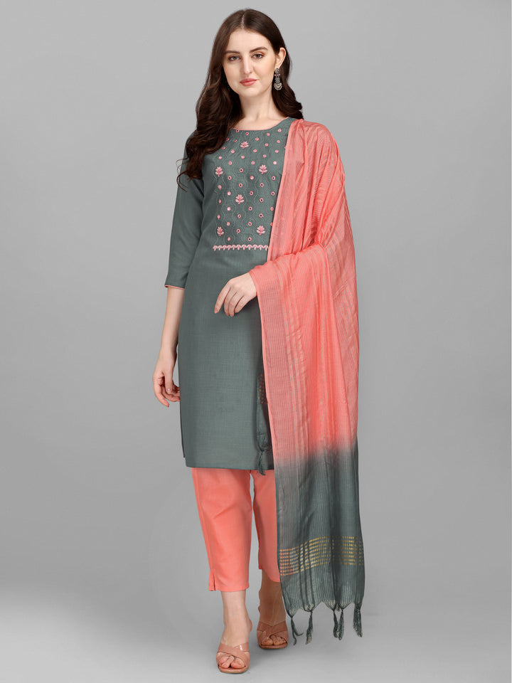 Ethnic Motifs Yoke Design Regular Thread Work Kurta With Trousers & Dupatta