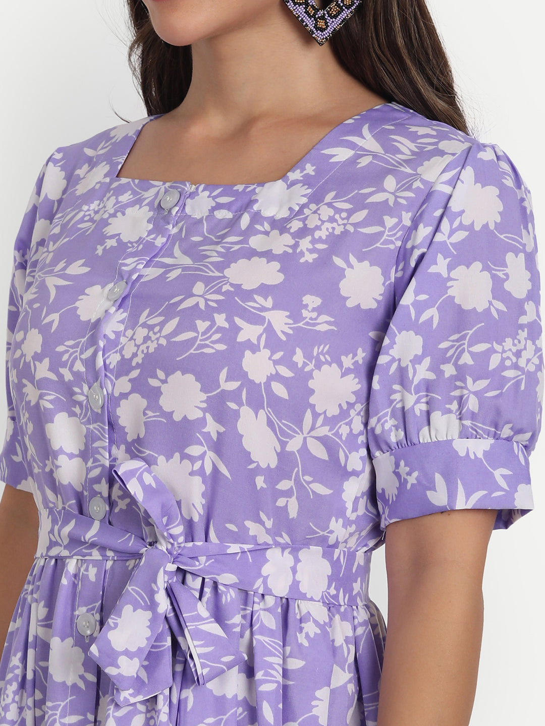 FLOWER PRINTED WITH BELT SELFIE DRESS-LAVENDER