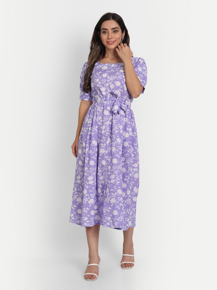 FLOWER PRINTED WITH BELT SELFIE DRESS-LAVENDER