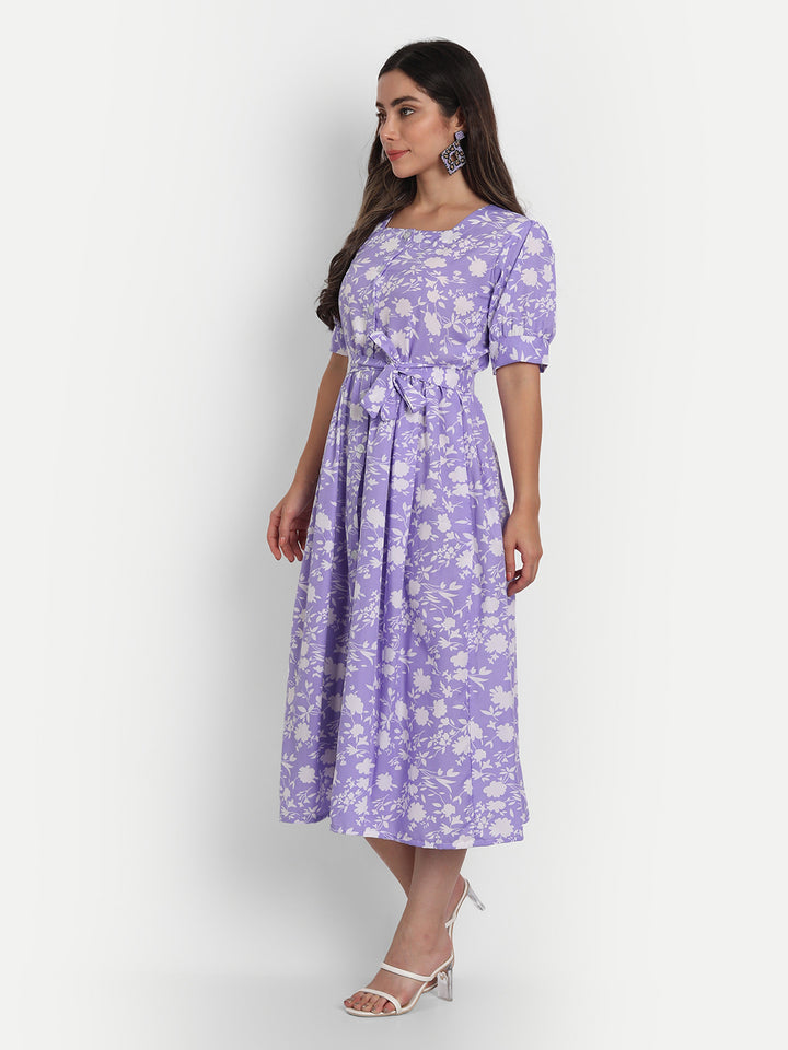 FLOWER PRINTED WITH BELT SELFIE DRESS-LAVENDER