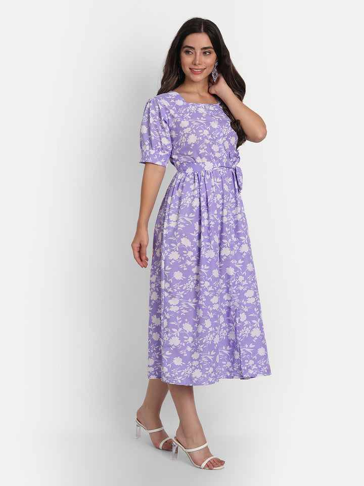 FLOWER PRINTED WITH BELT SELFIE DRESS-LAVENDER