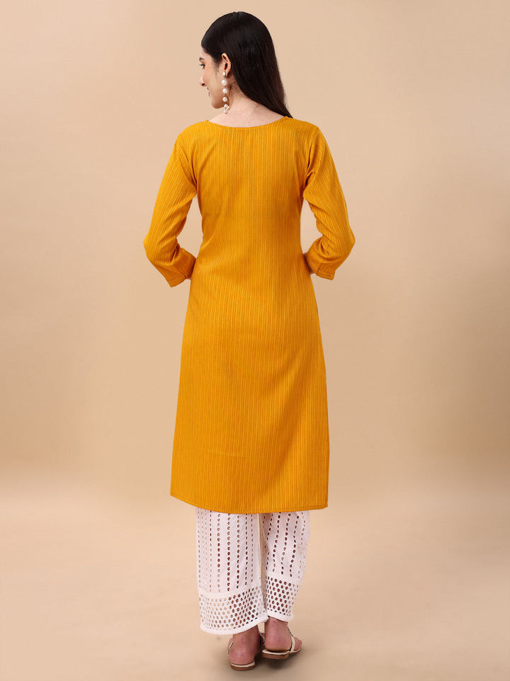 BROAD NECKED STRAIGHT EMBROIDERED  KURTI WITH PALAZZO -YELLOW