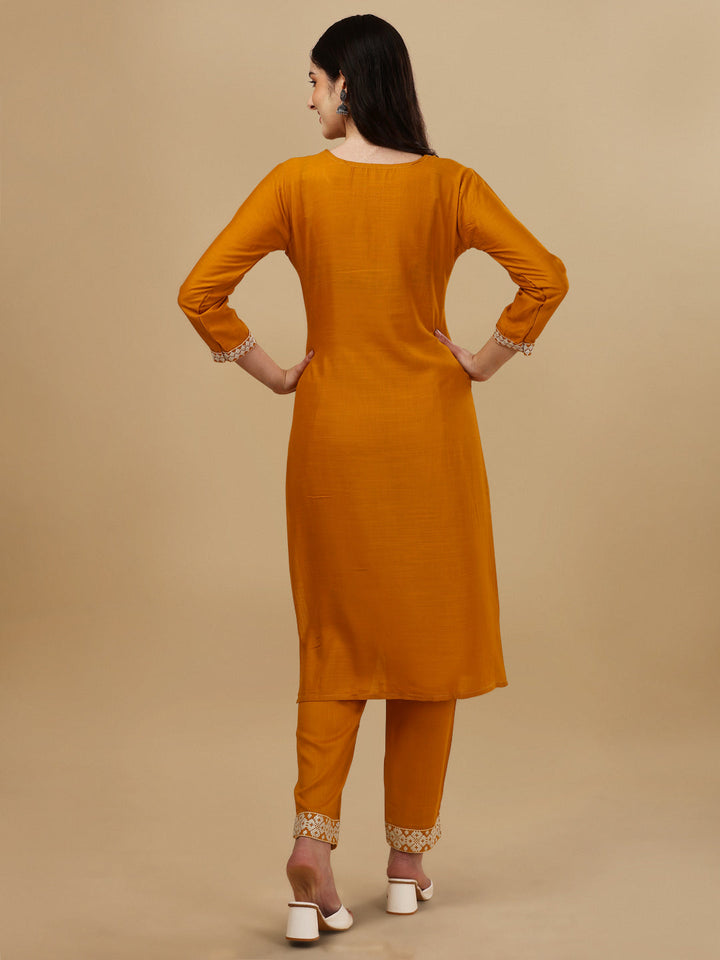 KURTI PANT SET WITH EMBROIDERY - YELLOW