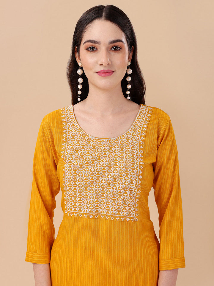 BROAD NECKED STRAIGHT EMBROIDERED  KURTI WITH PALAZZO -YELLOW