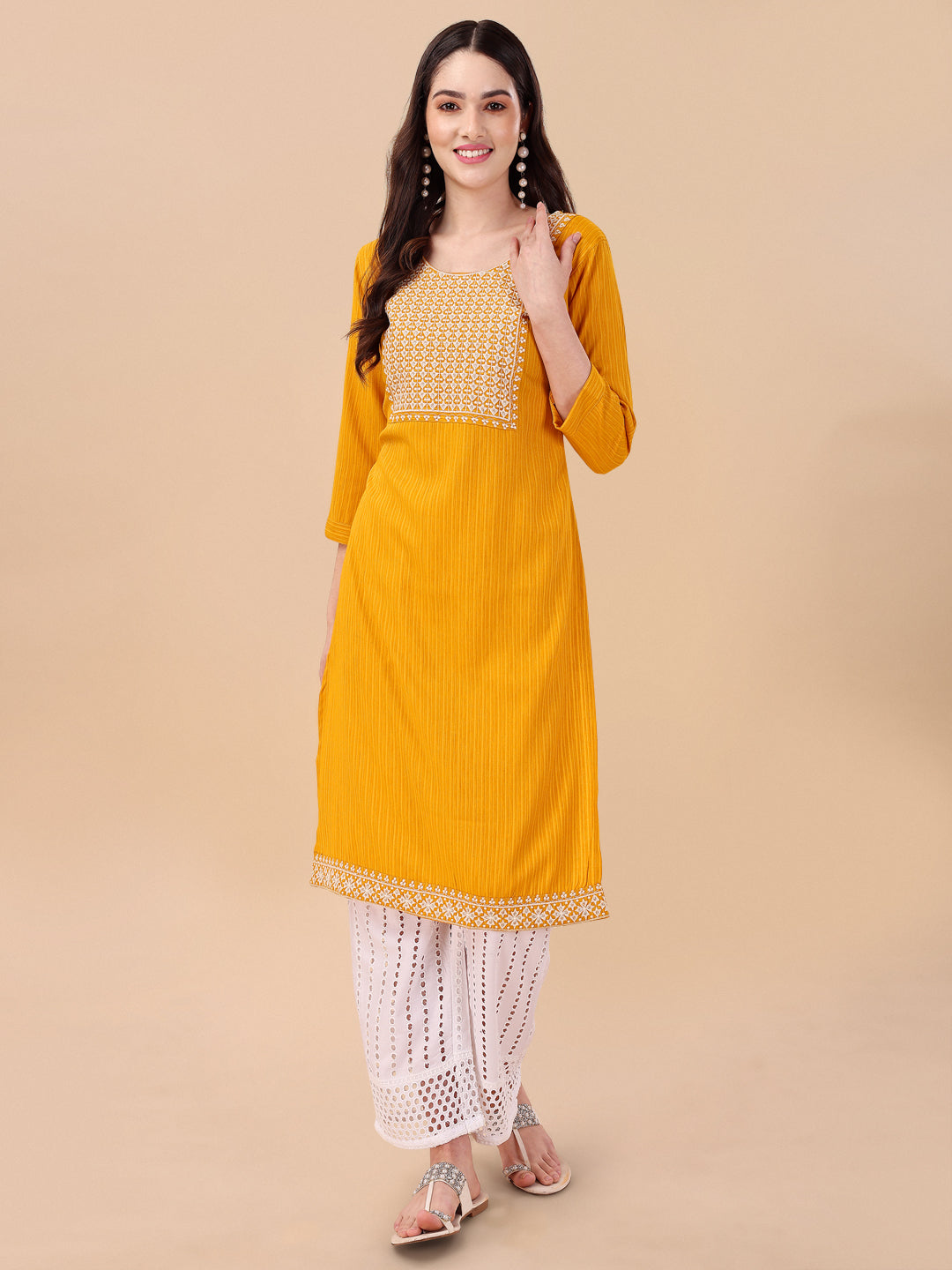 BROAD NECKED STRAIGHT EMBROIDERED  KURTI WITH PALAZZO -WINE