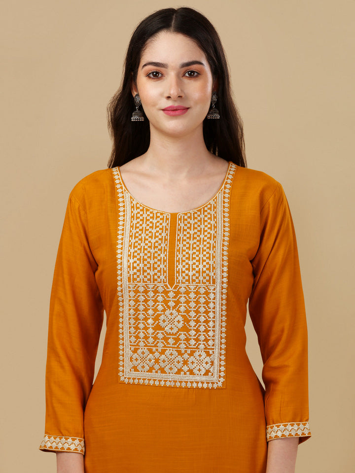 KURTI PANT SET WITH EMBROIDERY - YELLOW