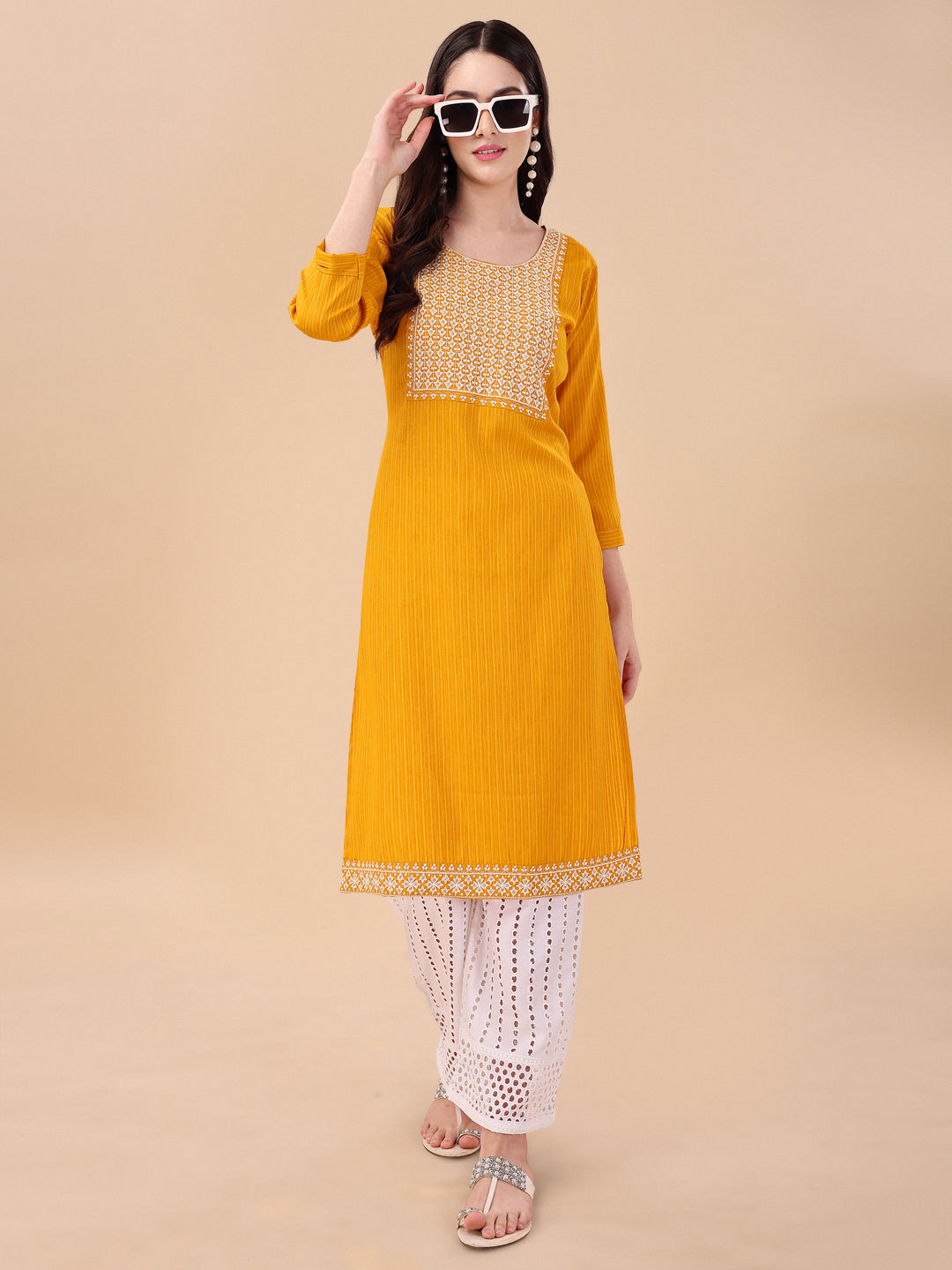 BROAD NECKED STRAIGHT EMBROIDERED KURTI WITH PALAZZO -RAMA