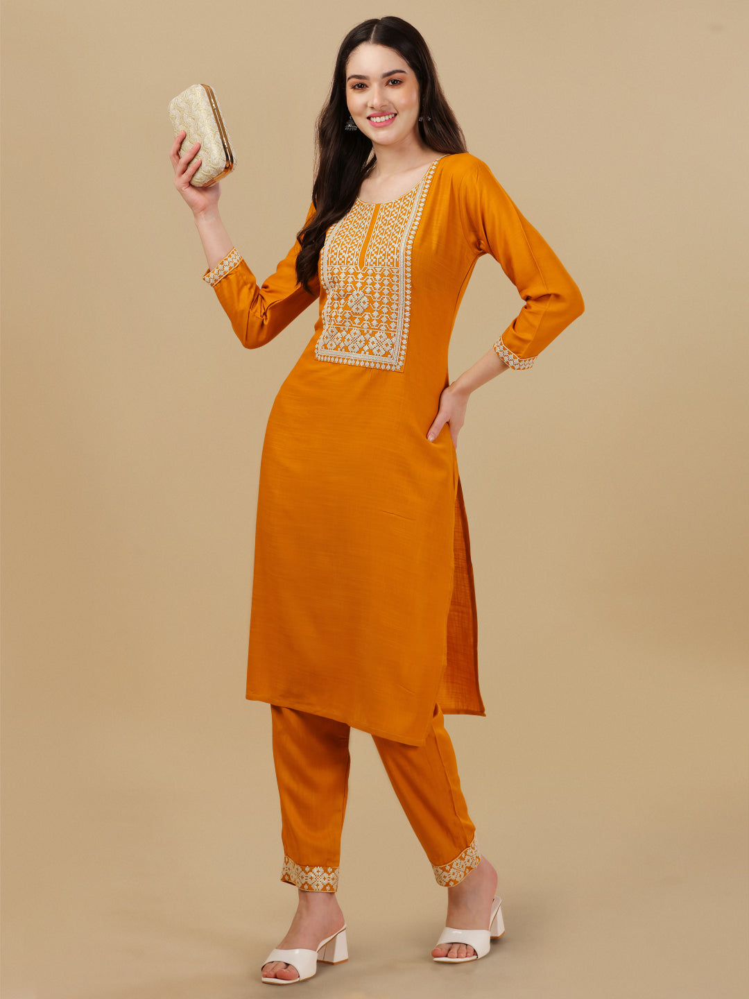 KURTI PANT SET WITH EMBROIDERY-NAVY BLUE