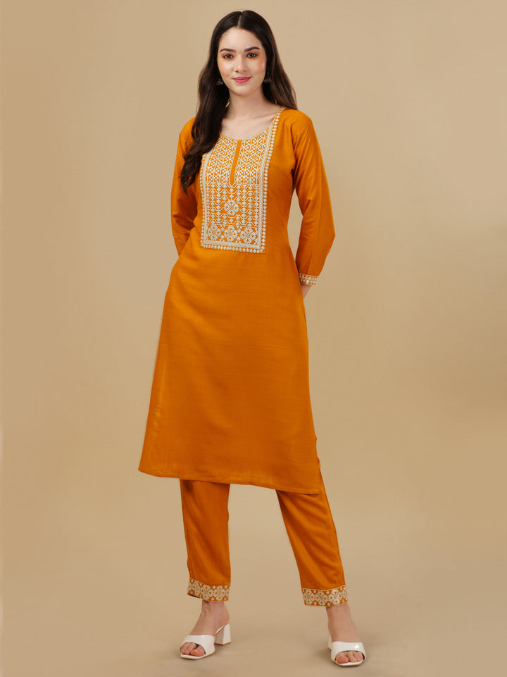 KURTI PANT SET WITH EMBROIDERY-DARK GREY