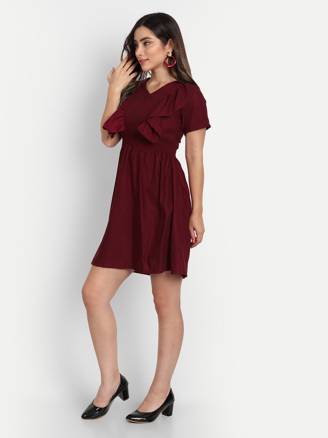 SOLID SHORT DRESS WITH RUFFLE-WINE