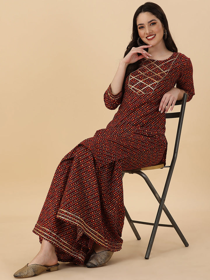 BANDHANI PRINTED SHARARA KURTI SET-MAROON