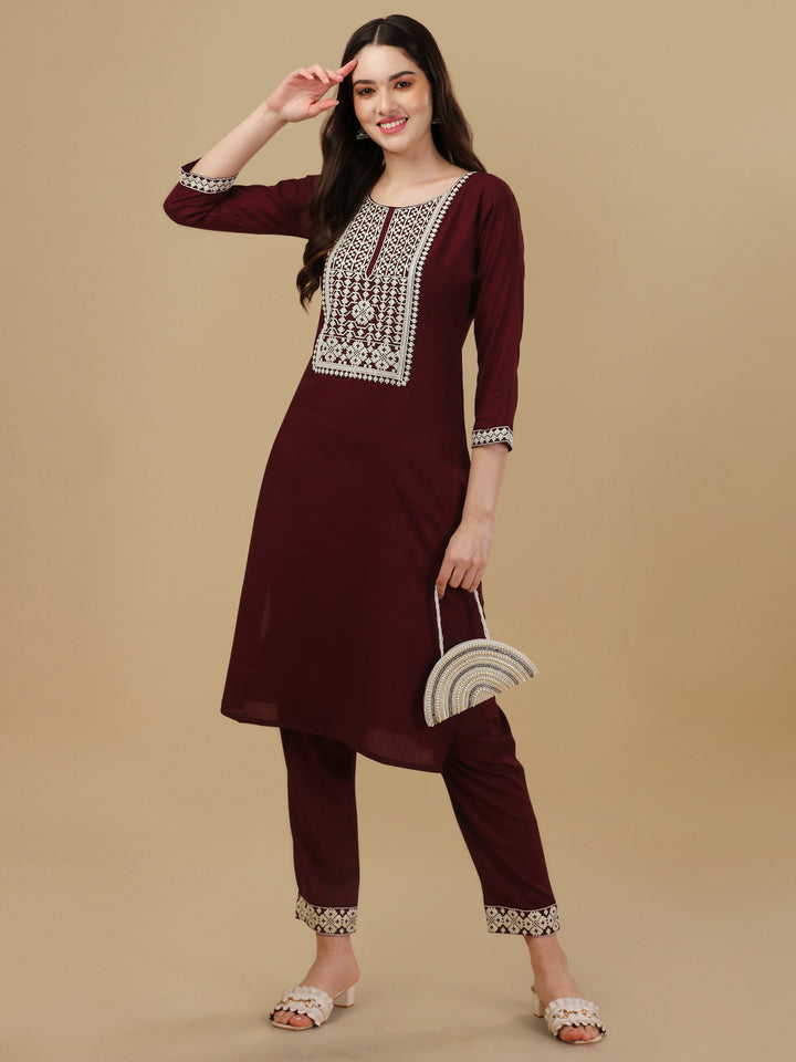 KURTI PANT SET WITH EMBROIDERY-DARK GREY