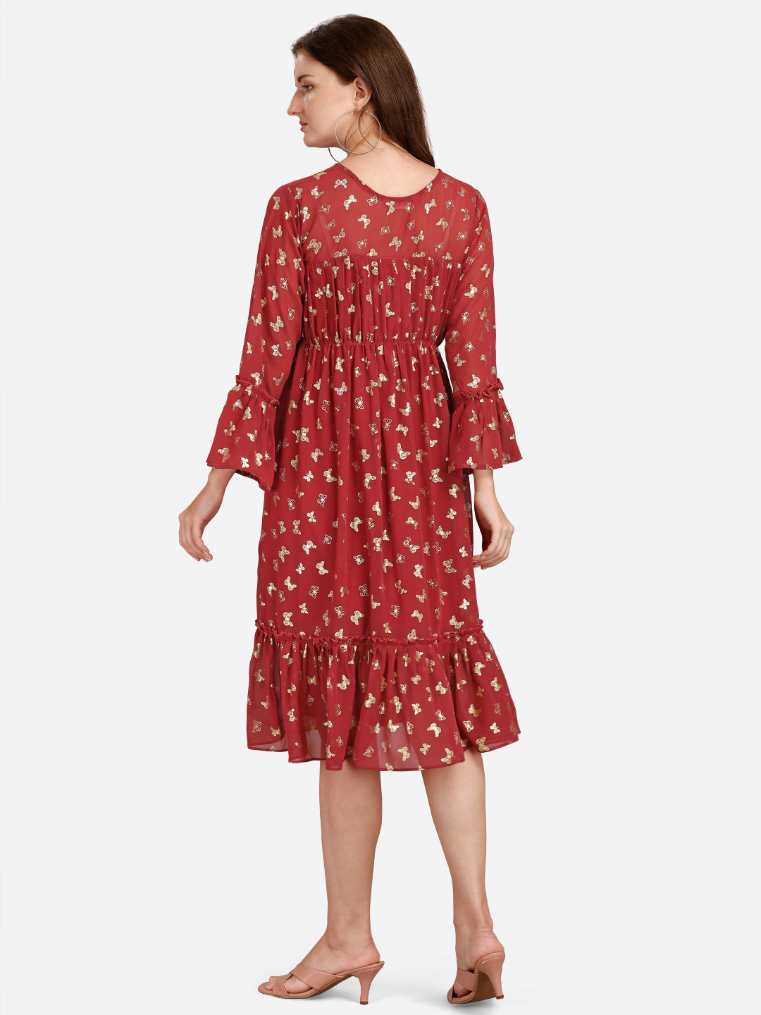 FLORAL GEORGETTE EMPIRE MIDI DRESS - MAROON