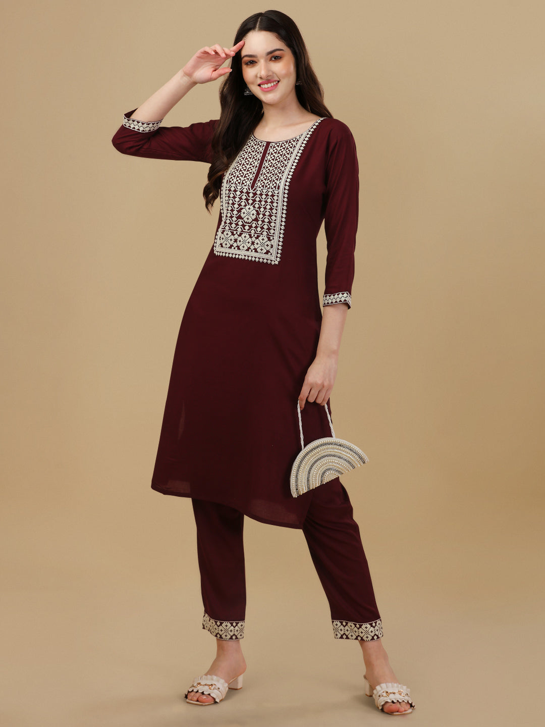 KURTI PANT SET WITH EMBROIDERY-NAVY BLUE