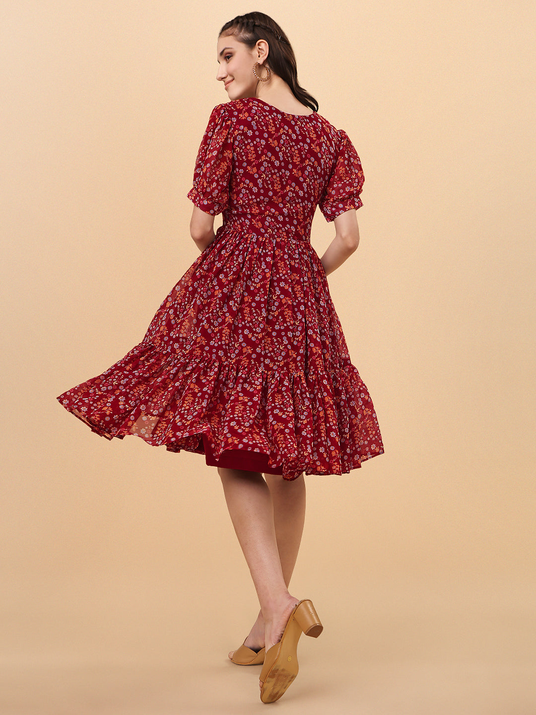 FLORAL PRINTED ELEGANT DROP-WAIST DRESS -MAROON