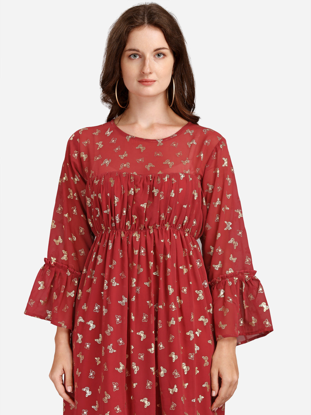 FLORAL GEORGETTE EMPIRE MIDI DRESS - MAROON