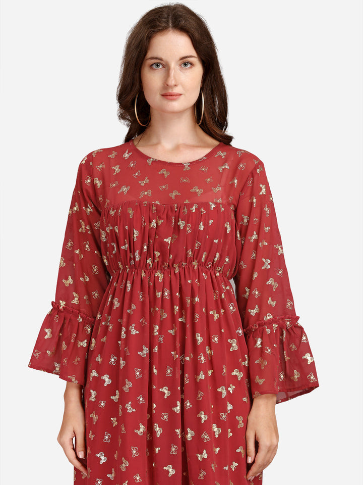 FLORAL GEORGETTE EMPIRE MIDI DRESS - MAROON