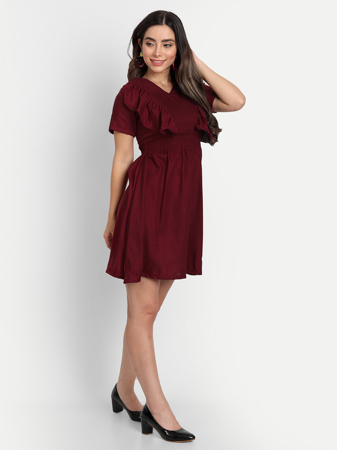 SOLID SHORT DRESS WITH RUFFLE-MAROON